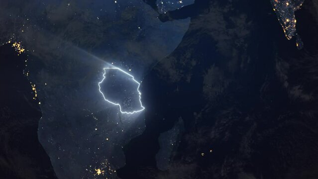Realistic Earth Orbit and Zoom Glowing Borders Tanzania