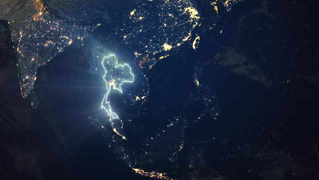 Realistic Earth Orbit and Zoom Glowing Borders Thailand