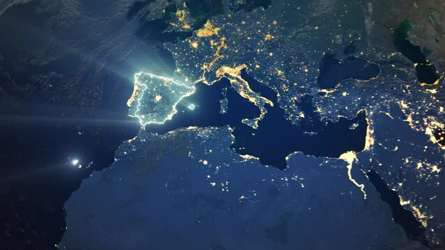 Realistic Earth Orbit and Zoom Glowing Borders Spain