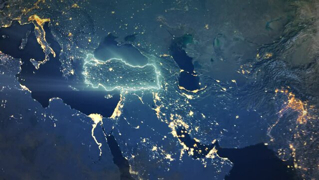 Realistic Earth Orbit and Zoom Glowing Borders Turkey