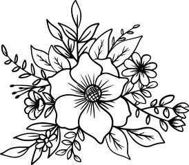 Hand-drawn floral arrangement outlines flowers and leaves bouquet