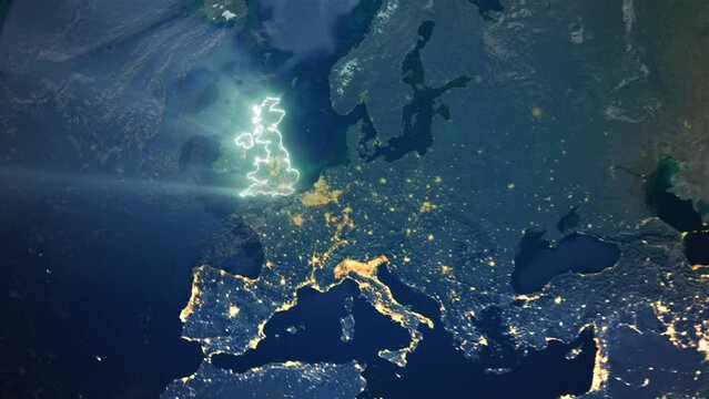 Realistic Earth Orbit and Zoom Glowing Borders United Kingdom