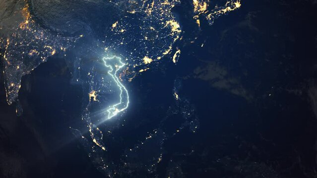 Realistic Earth Orbit and Zoom Glowing Borders Vietnam