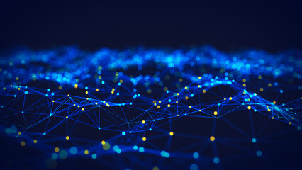 Obraz premium Abstract technological background of blue and orange lines and dots. 3d rendering