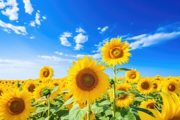 A field of sunflowers under a blue sky