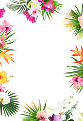 Fototapeta na wymiar Tropical banner arranged from exotic emerald leaves and exotic flowers. Paradise plants, greenery and palm