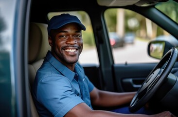 A man in a blue shirt and cap driving a car