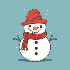 A minimalist snowman with hat and scarf. Flat clean illustration style