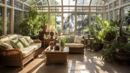 A sunlit conservatory attached to a home, filled with an array of tropical plants, comfortable seating, and a tranquil ambiance.