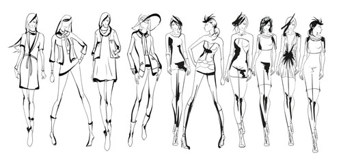 Set of young beautiful women in stylish clothes. Fashion sketch.