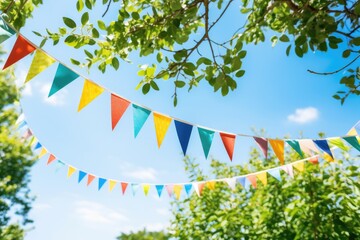 Colorful bunting flags hanging from a tree