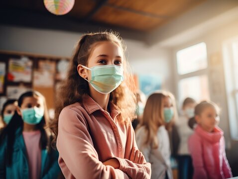 Children in their school classroom wearing masks during the covid pandemic