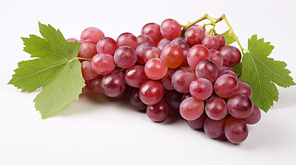 Fototapeta premium Bunch of grapes with leaves on white copy space created with Generative Ai