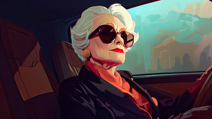 Portrait of a senior woman driving a car. Businesswoman senior woman in auto salon. Watercolor illustration of an elegant lady traveling in a car.