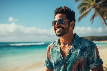 A man wearing sunglasses standing on a beach