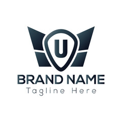 Wing Logo On Letter U Template. Wing On U Letter, Initial Wing Sign Concept Template	