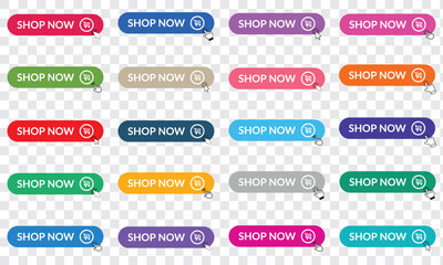 Shop now  button with hand cursor. Buy now hand pointer clicking. Modern collection for web site. Click here banner with shadow. Click button isolated. Online shopping. Vector illustration. - obrazy, fototapety, plakaty