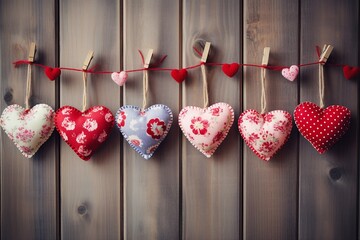 Romantic Textile Hearts Suspended On Wooden Background For Valentine S Day