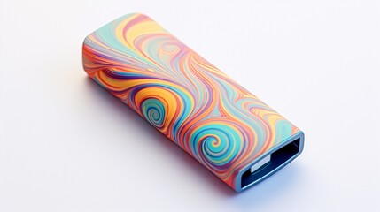 A USB drive with multi-colored swirl patterns, showcased prominently on a pristine white surface.