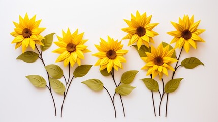 A vertical line of three sunflower wall flowers, acting as a centerpiece on a stark white canvas.