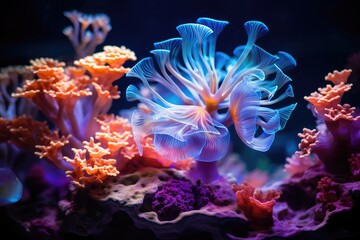 Fototapeta na wymiar Coral reef glowing at night in bioluminescence