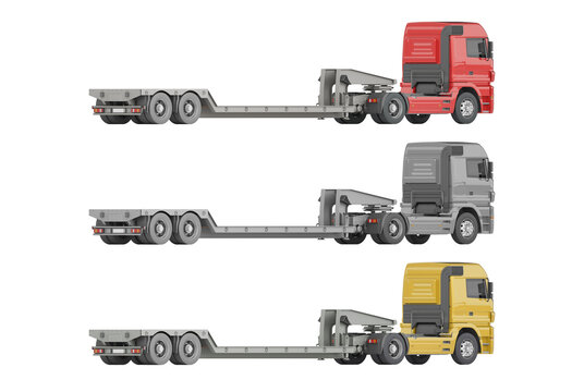 Lowboy trailer truck. 3d illustration. Orthographic (equiangular) view. The camera is located at the horizon level. Isolated on white background