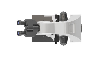 Realistic 3d illustration of a microscope. Pharmaceutical and educational tool. A magnifying tool for research. Orthogonal view from above. Isolated on white background Isolated on white background