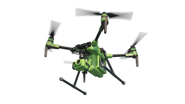 A modern aerial drone (quadcopter) with remote control, flying with an action camera. 3d illustration. Isolated on white background