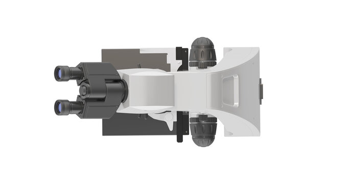 Realistic 3d illustration of a microscope. Pharmaceutical and educational tool. A magnifying tool for research. Orthogonal view from above. Isolated on white background Isolated on white background