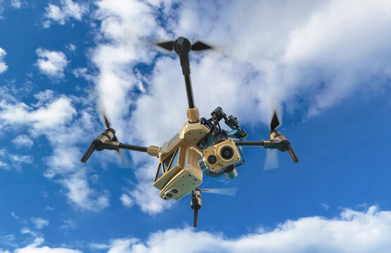 A modern aerial drone (quadcopter) with remote control, flying with an action camera. Against the background of the sky and clouds. Background: photo. Drone: 3D model. 3d illustration.