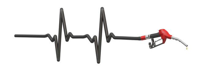 A dispensing nozzle from a gas pump on a white background and a fuel hose for a heart rate monitor. This 3d illustration is suitable for demonstrating the concept of energy, power, health and safety