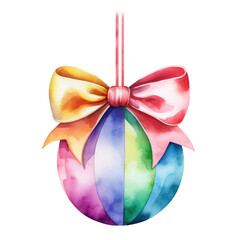 colorful watercolor Christmas ball with ribbon and a bow, isolated on background. Generative AI.