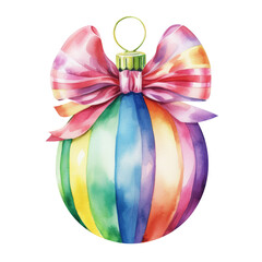 colorful watercolor Christmas ball with ribbon and a bow, isolated on background. Generative AI.