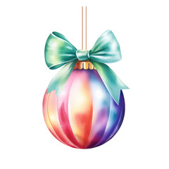 colorful watercolor Christmas ball with ribbon and a bow, isolated on background. Generative AI.