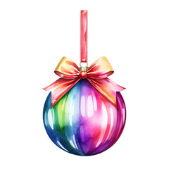 colorful watercolor Christmas ball with ribbon and a bow, isolated on background. Generative AI.