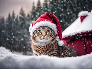 Cat is wearing a red Santa Claus hat with a winter landscape  digital ai
