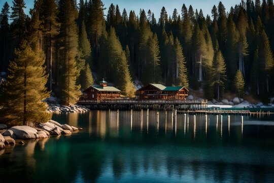 A breathtaking photograph capturing the Jetty of Vikingholme in Emerald Bay, Lake Tahoe, with the sparkling waters, surrounded by the natural beauty of Sacramento