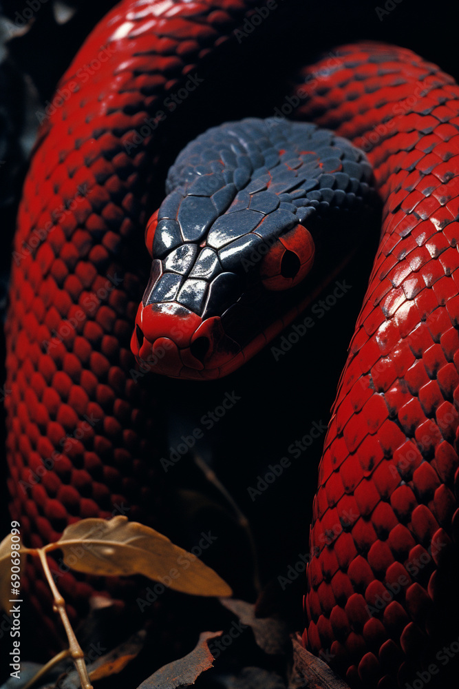 Poster whispers of a crimson cobra in abstract form, visually striking and subtly venomous.