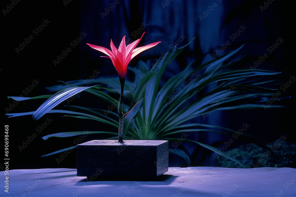Poster twilight tranquility with a bromeliad bloom in a minimalistic setting, creating a serene ambiance.