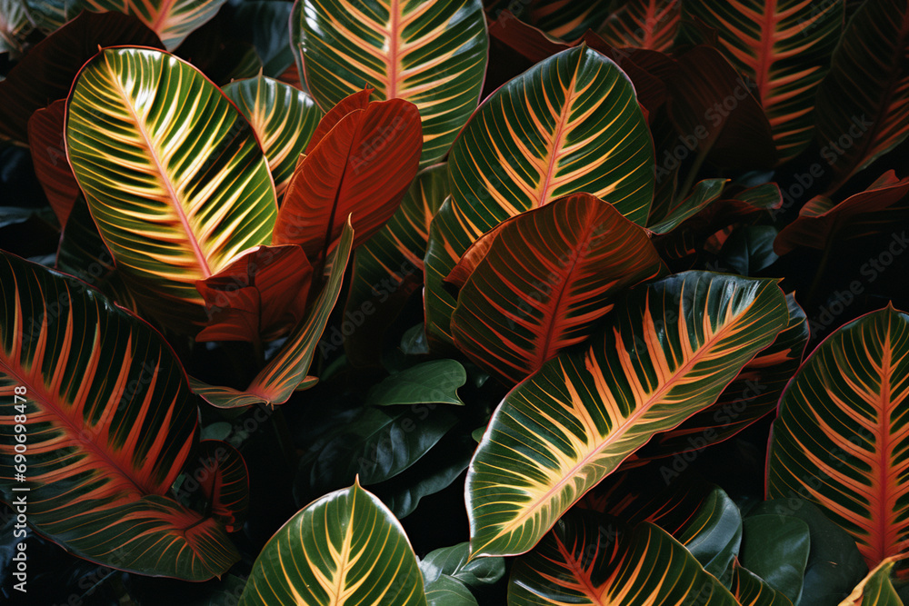 Poster A canvas of sunlit calathea leaves in a minimalistic composition, showcasing tropical patterns.