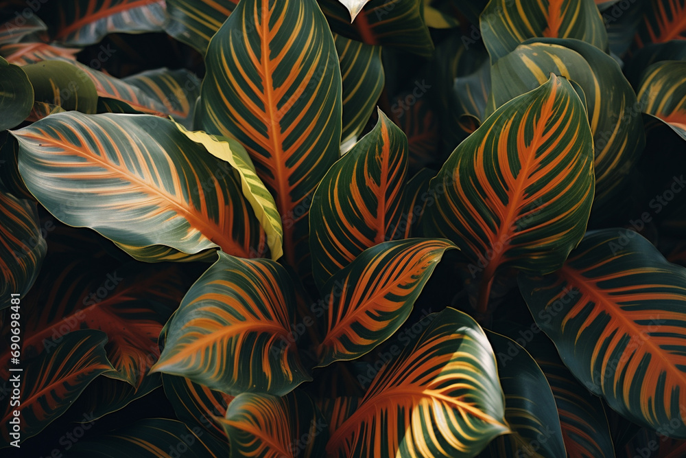 Poster A canvas of sunlit calathea leaves in a minimalistic composition, showcasing tropical patterns.