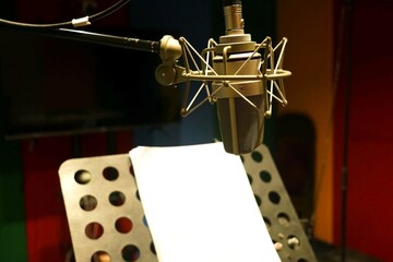 Close up a microphone in the recording studio, backside with the scripts to standding. 