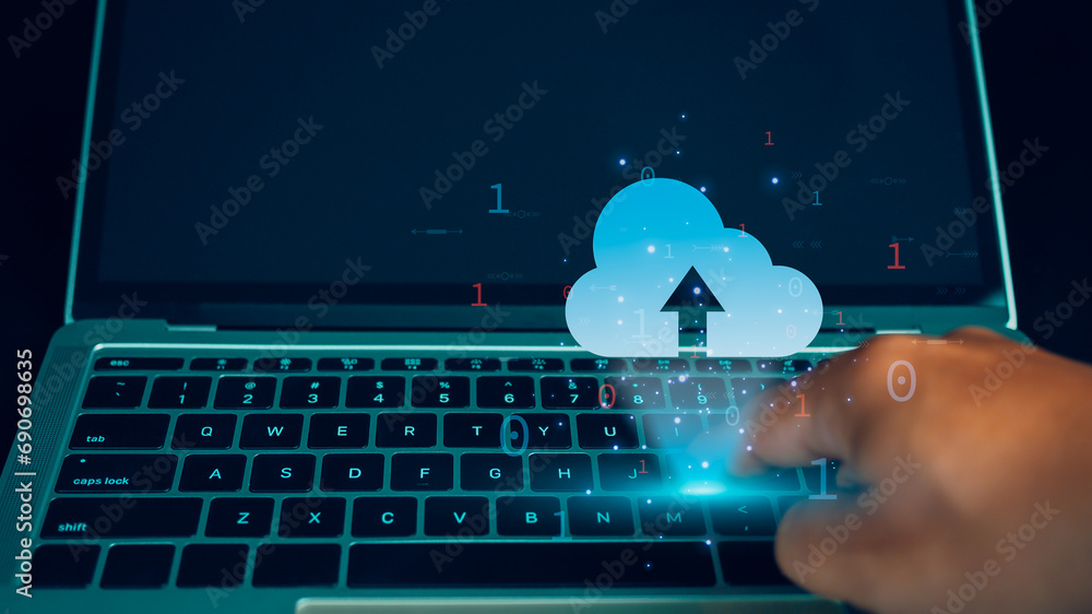 Poster human uses laptop for download and backup by digital cloud network technology, cloud computing stora