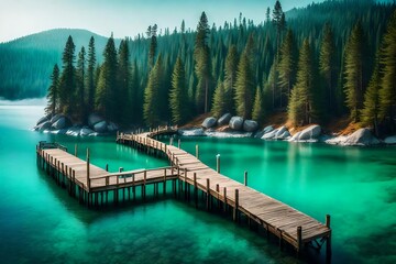 An enchanting digital illustration of the Jetty of Vikingholme in Emerald Bay, where the colors are heightened to convey a dreamlike quality, with mythical elements like ethereal mist rising from the  - Powered by Adobe