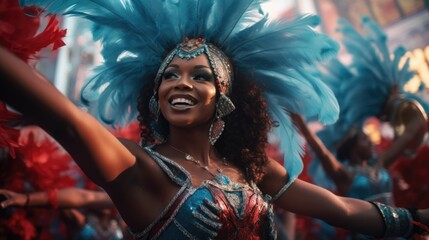 Photo of a beautiful samba dancer performing at a costume festival with her band that captures the...