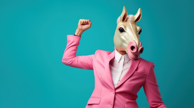 woman in horse mask costume at a carnival studio photo shoot