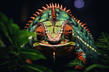 A close up of a green and orange chamelon