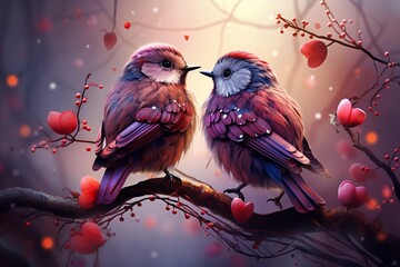 Whimsical Love Birds. Romantic illustration of two birds in love, surrounded by hearts and flowers - obrazy, fototapety, plakaty
