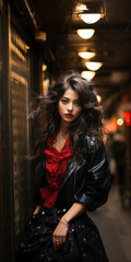 Obraz na płótnie Canvas a beautiful Japanese young woman with bold red lip, tousled waves, leather jacket