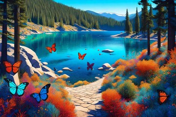 A whimsical digital illustration of the Donner Lake picnic spot, featuring vibrant colors, animated...